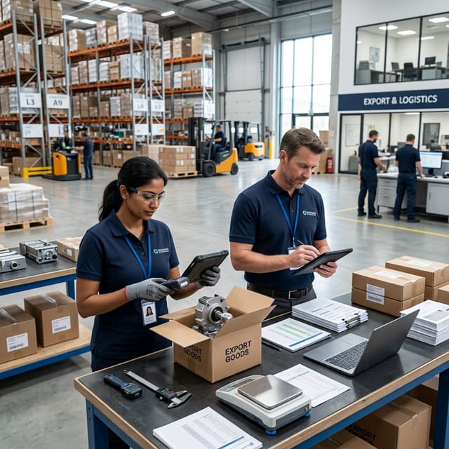 Illustration of export packages being checked at a packing station