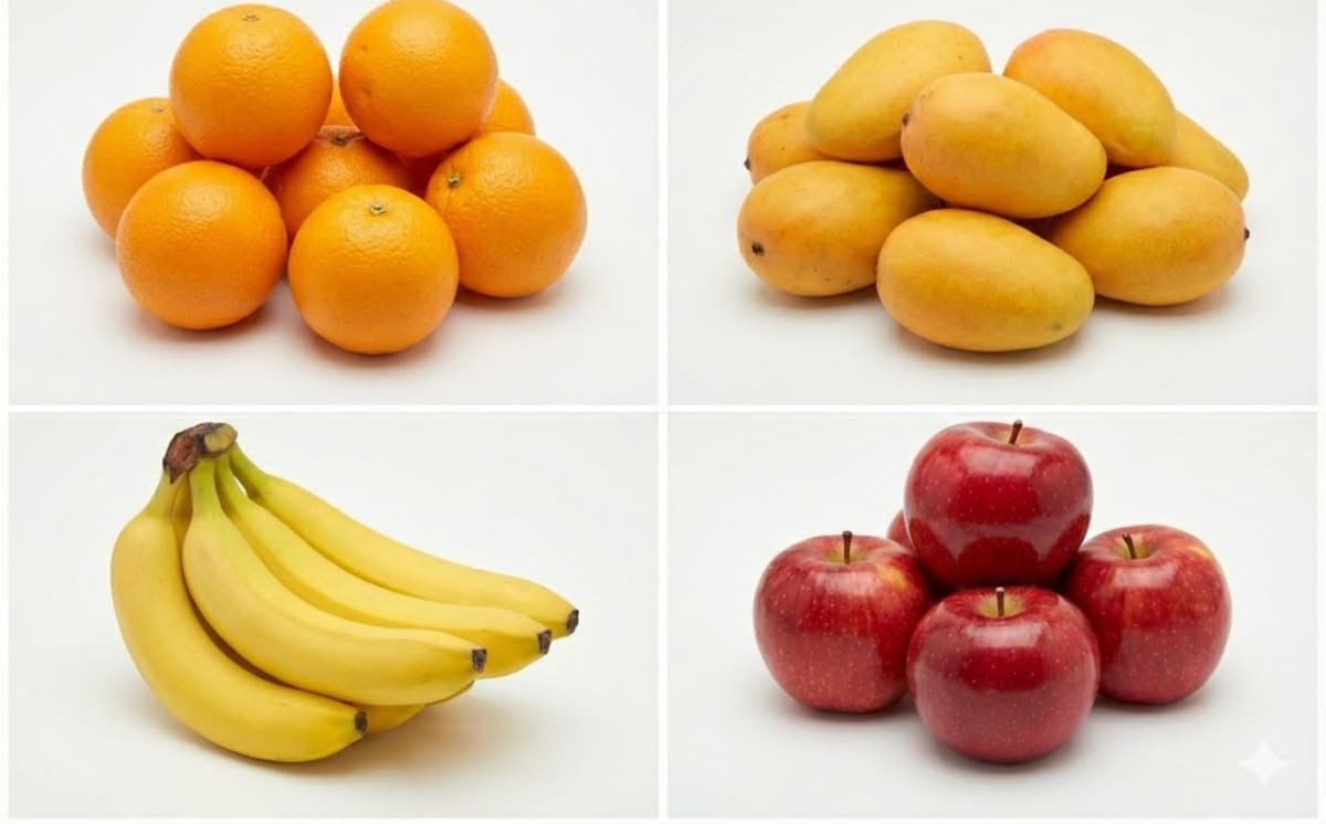 Illustration of oranges, mangoes, bananas and apples