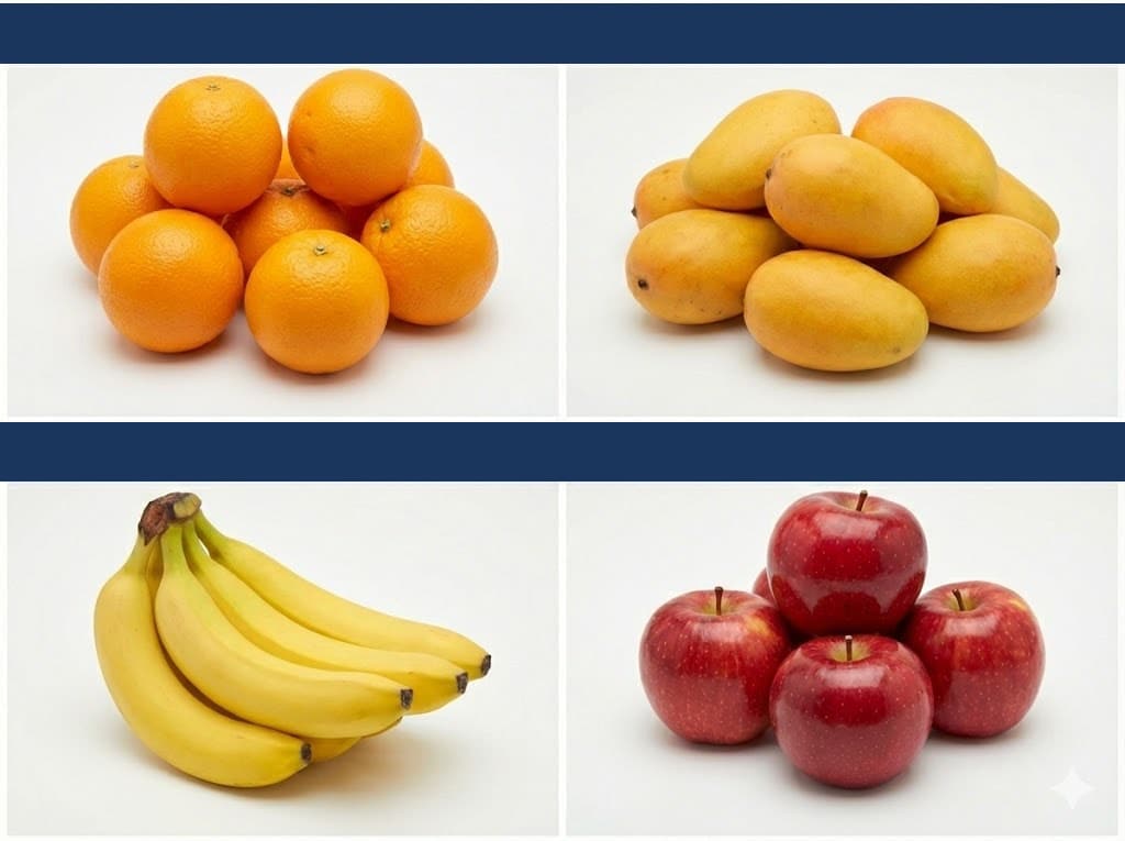 Illustration of oranges, mangoes, bananas and apples