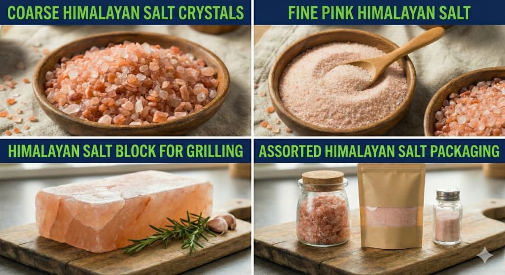 Illustration of edible Himalayan salt: coarse crystals, fine salt, a grilling block and retail packaging