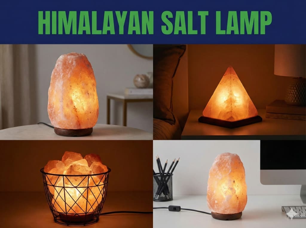 Illustration of Himalayan salt lamps in natural, pyramid and basket designs