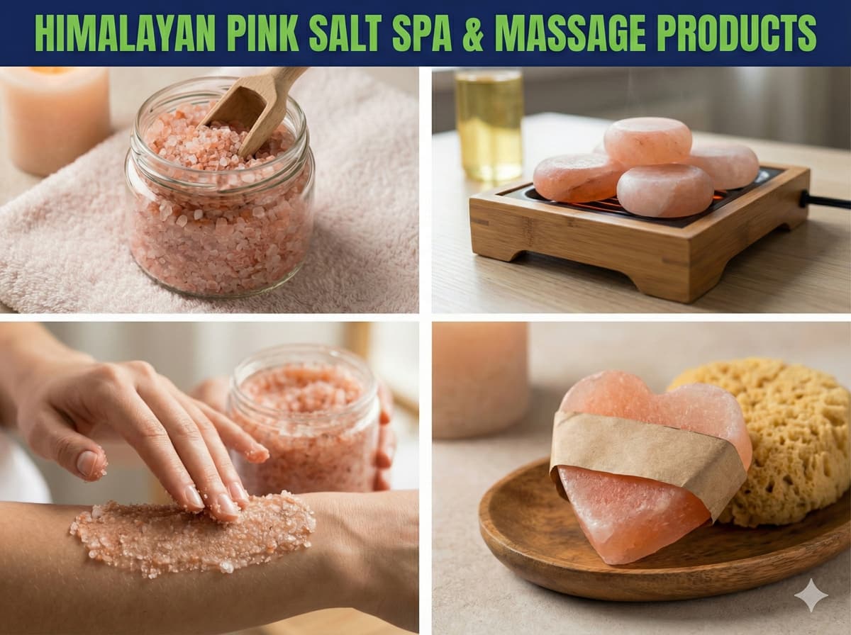 Illustration of Himalayan pink salt spa products: bath salt, massage stones and salt soap